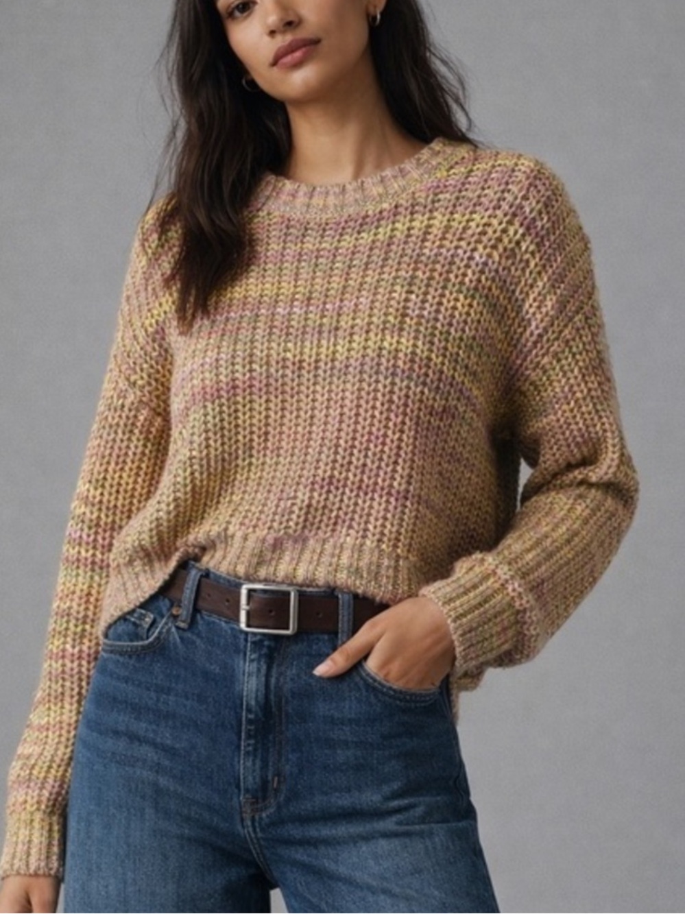 Anthropologie Chunky  Knit Pullover Sweater Women’s medium Multi Pink Cropped